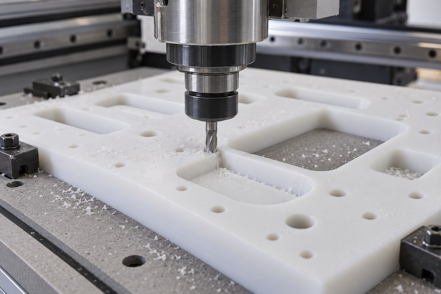 Ilustração de usinagem Router CNC em chapa de polímero branco, com furos e recortes